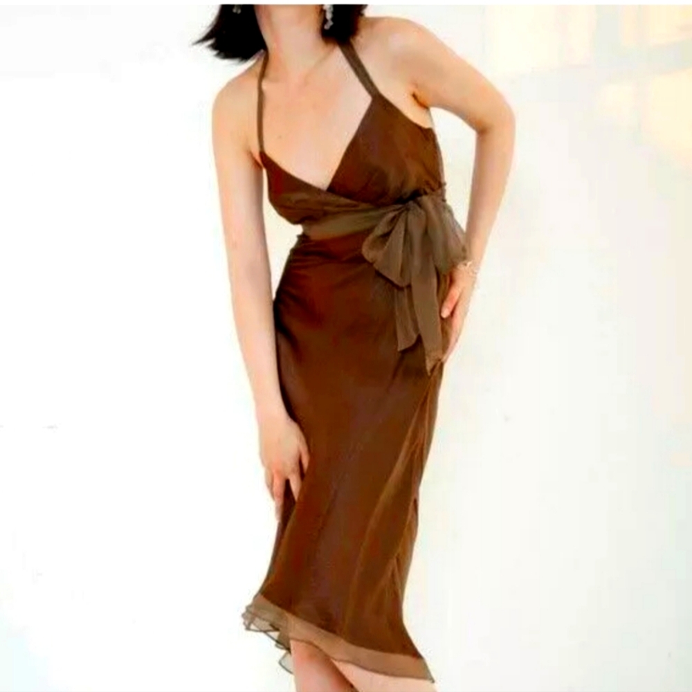BCBGMAXAZRIA silk halter dress, chocolate brown, hi-low hem, Y2K, size 6